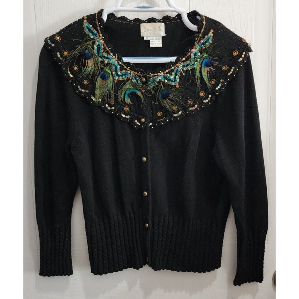 Just B Women's 3/4 Sleeve Button Front Cardigan Sweater Peacock Feathers Size M